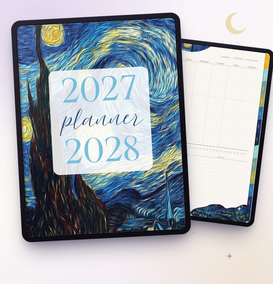 Starry Night Digital Planner 2027–2028 on iPad: cover and monthly spread