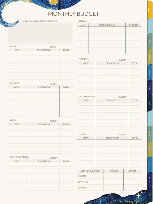 Monthly budget page