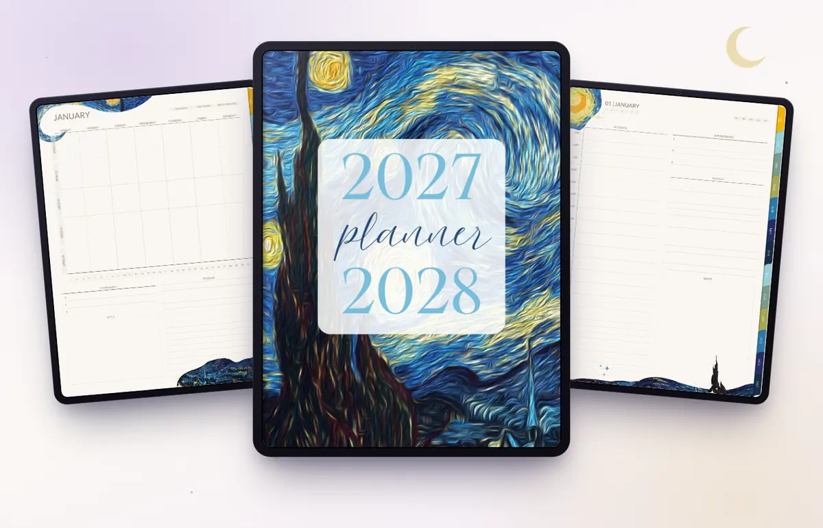 Starry Night planner cover with monthly and daily spreads on three iPads